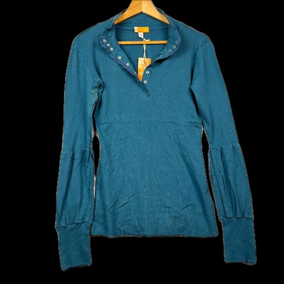 Women Tulle Long Sleeve Y2K Henley Lacey Snap Top Sz L Pointelle Jersey NWT 2000 - Picture 1 of 14